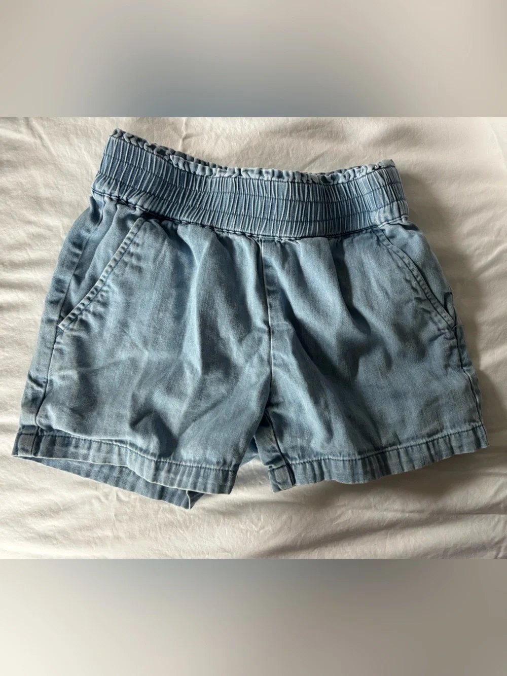 Hanna Andersson Light Blue High-Waist Smocked Denim Shorts